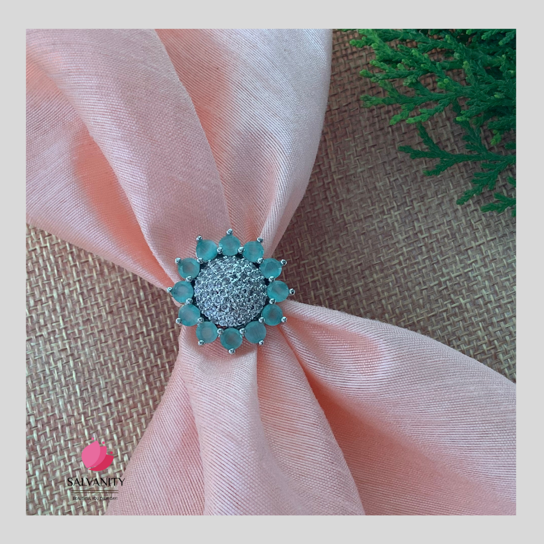 Salvanity Fashion Jewelry - Moissante Skygreen Sunflower Finger Ring - American Diamonds, adjustable