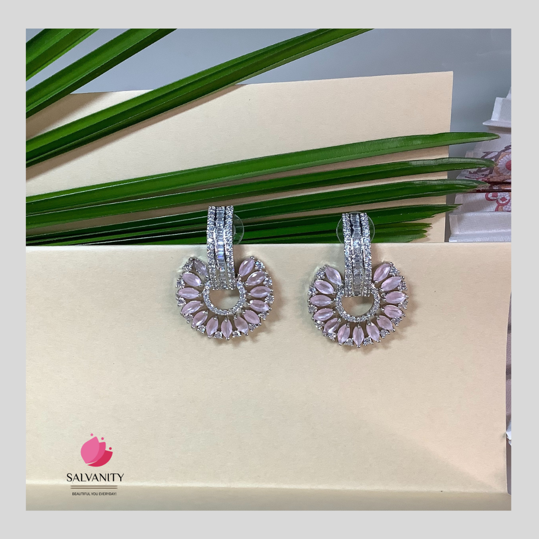 Salvanity American Diamond Earrings - SuryaMukham (Sun Face) - PINK Earrings