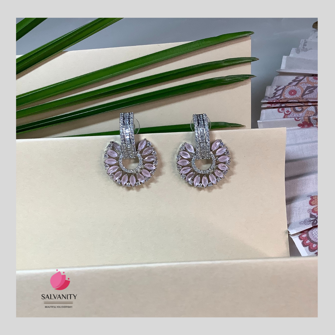 Salvanity American Diamond Earrings - SuryaMukham (Sun Face) - PINK Earrings