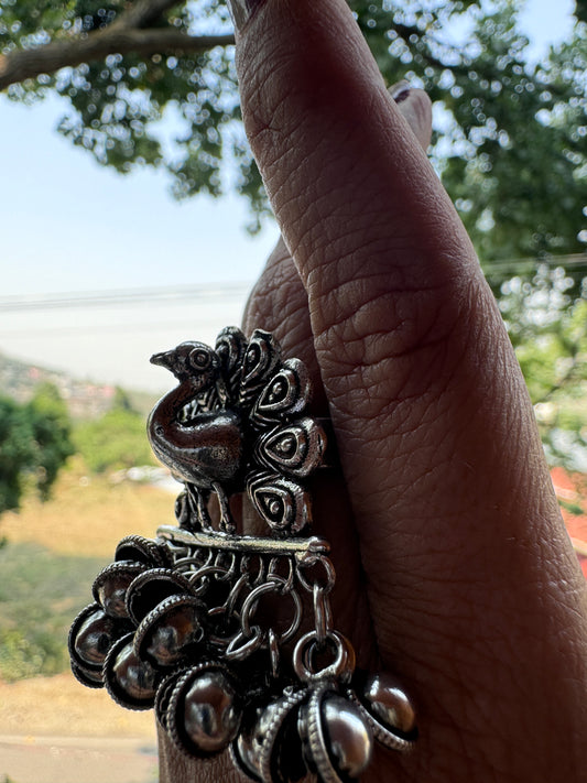 Salvanity German Silver Mayur Peacock Finger Ring with little bells