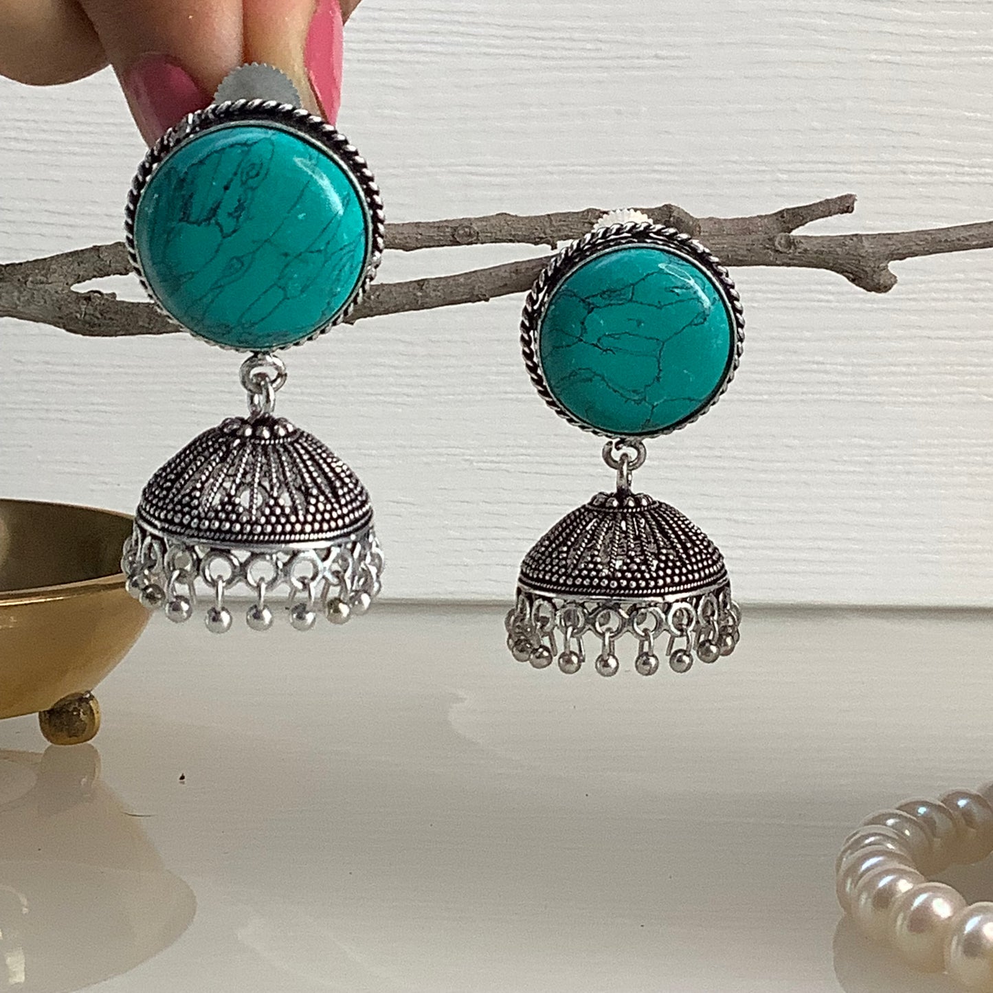 Salvanity German Silver Ferozy Stone Jhumki Earrings