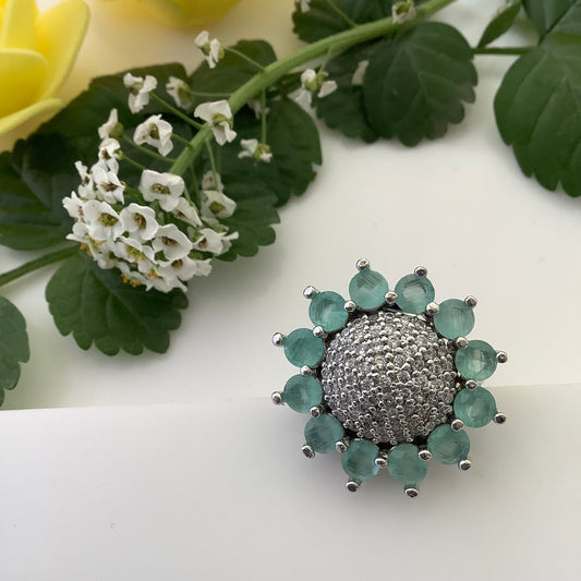 Salvanity Fashion Jewelry - Moissanites Skygreen Sunflower Finger Ring - American Diamonds, adjustable