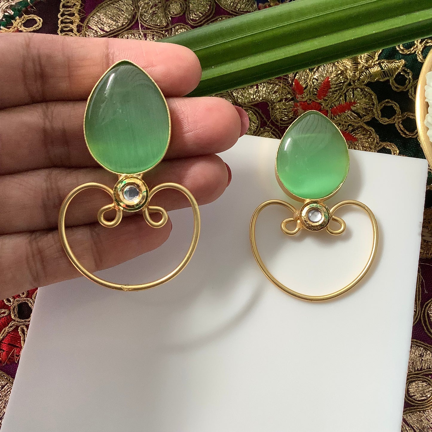 Salvanity Brass Gold - Diya Earrings - Kundan Green