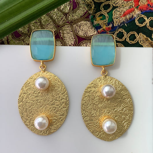 Salvanity Brass Gold - Two Pearls (दो मोती) 18 CT Matt Gold Plated Earrings - Aqua Blue