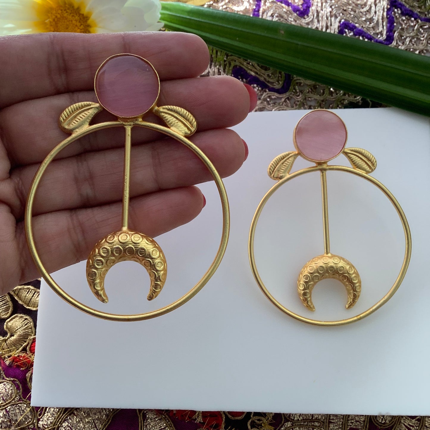 Salvanity Brass Gold -  अंगजा (Little Girl) 18 CT Matt Gold Plated Earrings - Monalisa Pink