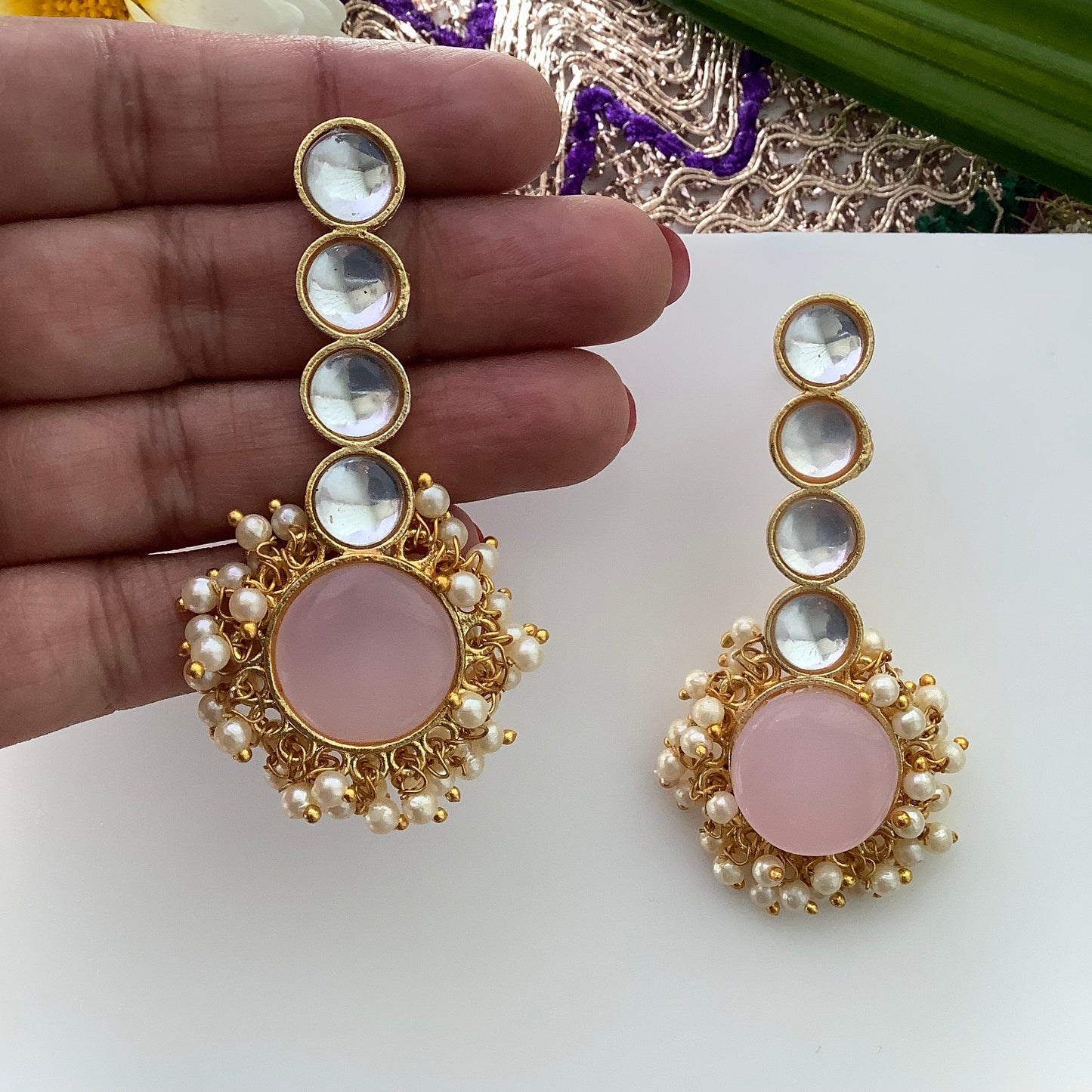 Salvanity Brass Gold -  Saumya (सौम्य) 18 CT Matt Gold Plated Earrings - Pink Earrings
