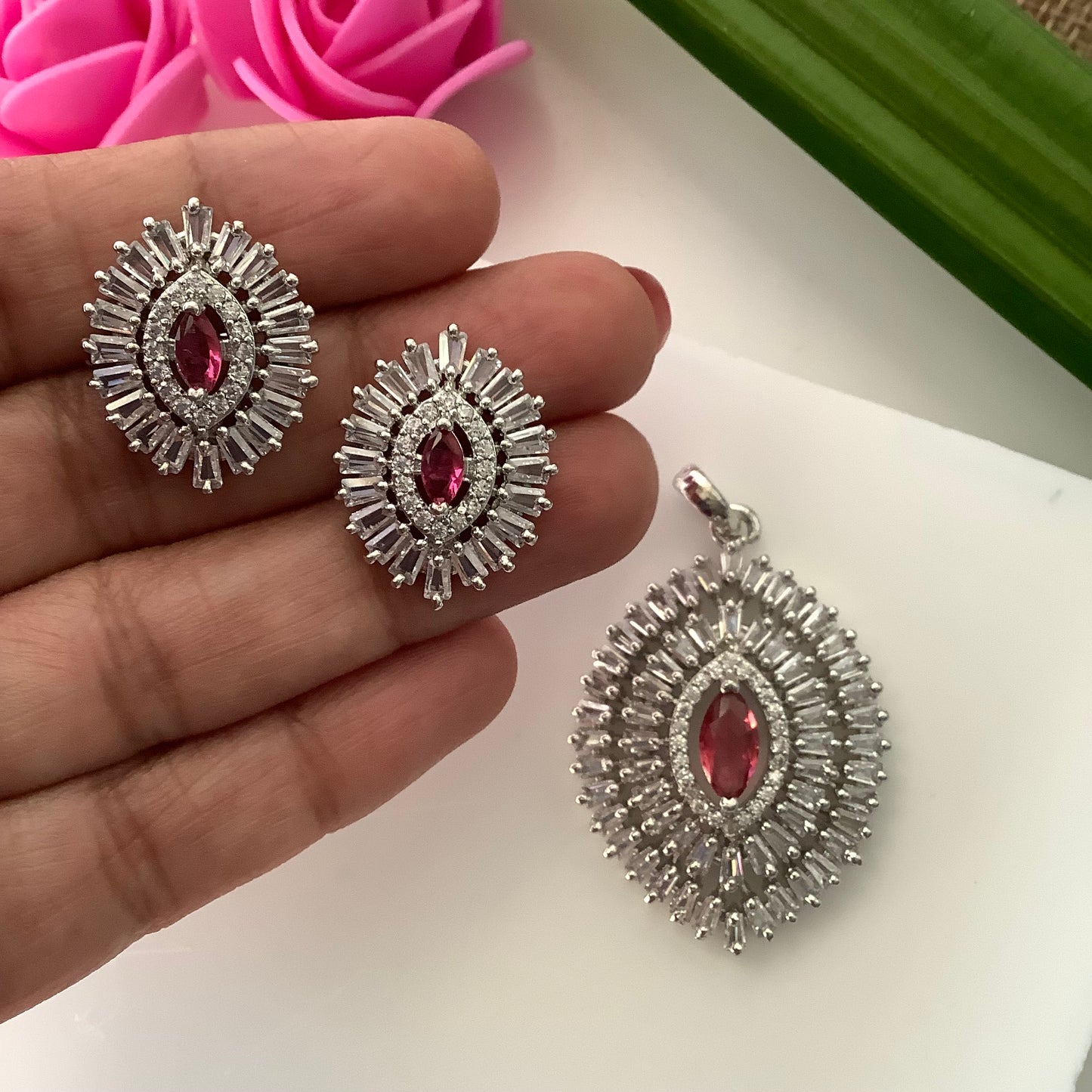 Salvanity American Diamond Pendant Set with earrings - Netra - Pink