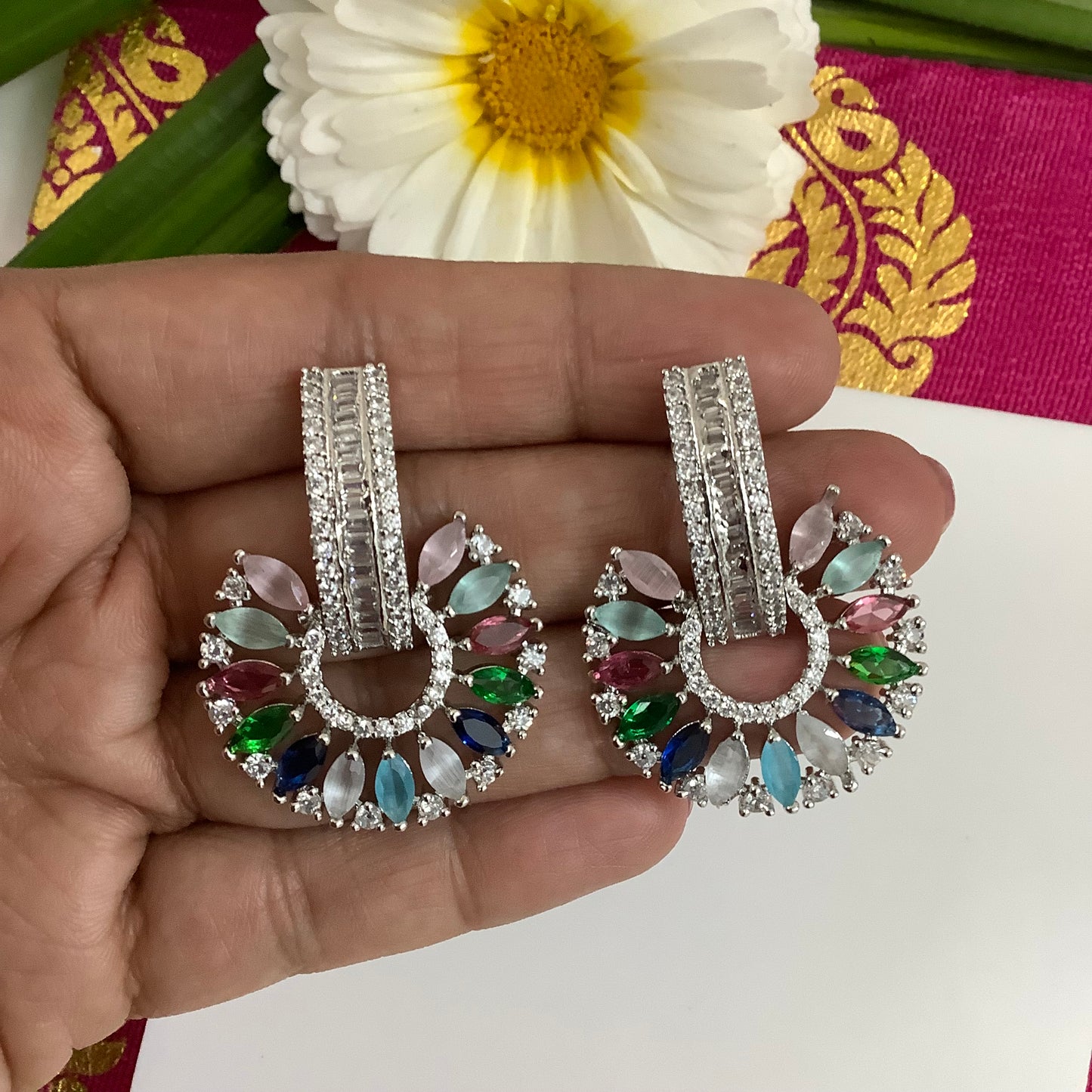 Salvanity American Diamond Earrings - SuryaMukham (Sun Face) Earrings