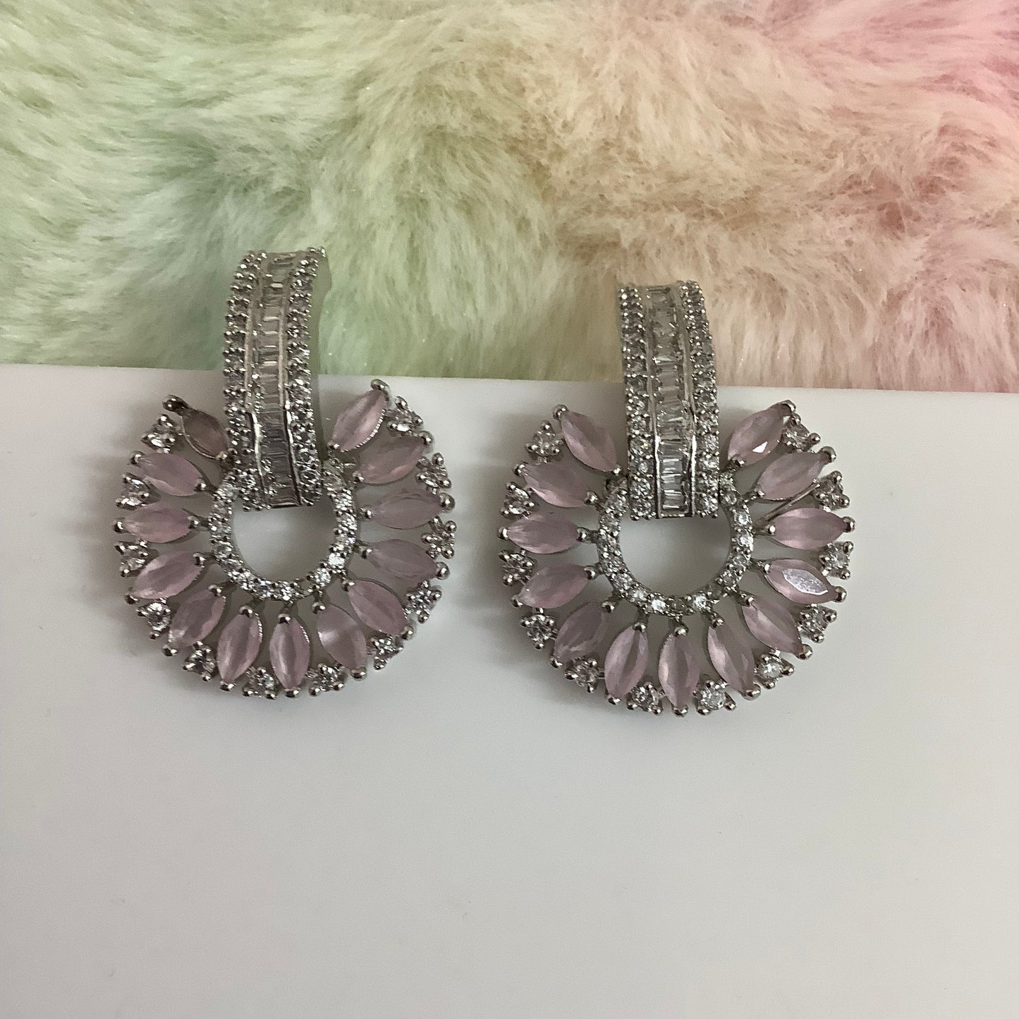 Salvanity American Diamond Earrings - SuryaMukham (Sun Face) - PINK Earrings