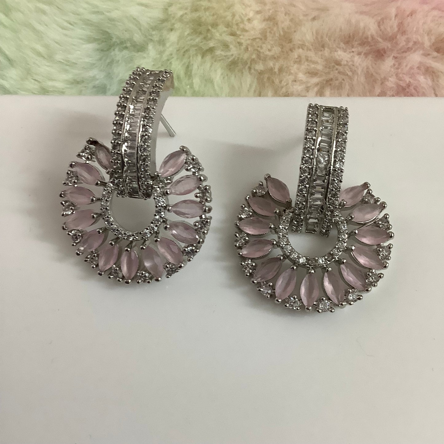 Salvanity American Diamond Earrings - SuryaMukham (Sun Face) - PINK Earrings