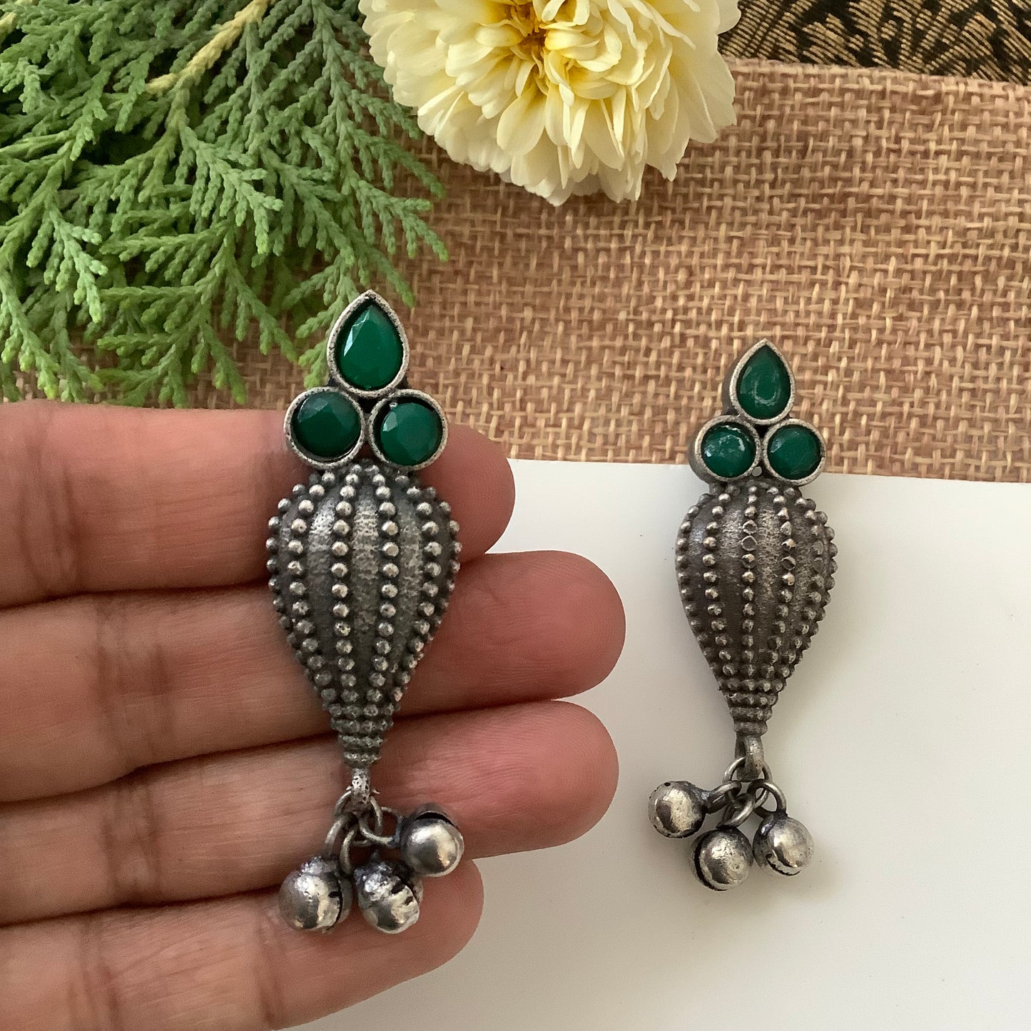 Salvanity German Silver Sea Shell earrings Green Stone Earrings