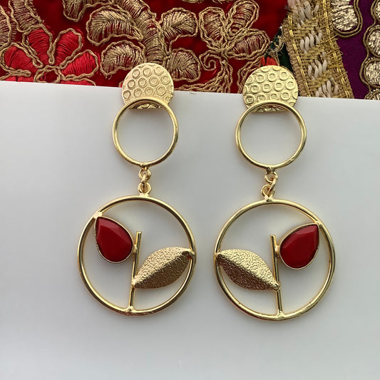 Salvanity Golden Brass Peace Leaf Earrings (Red)
