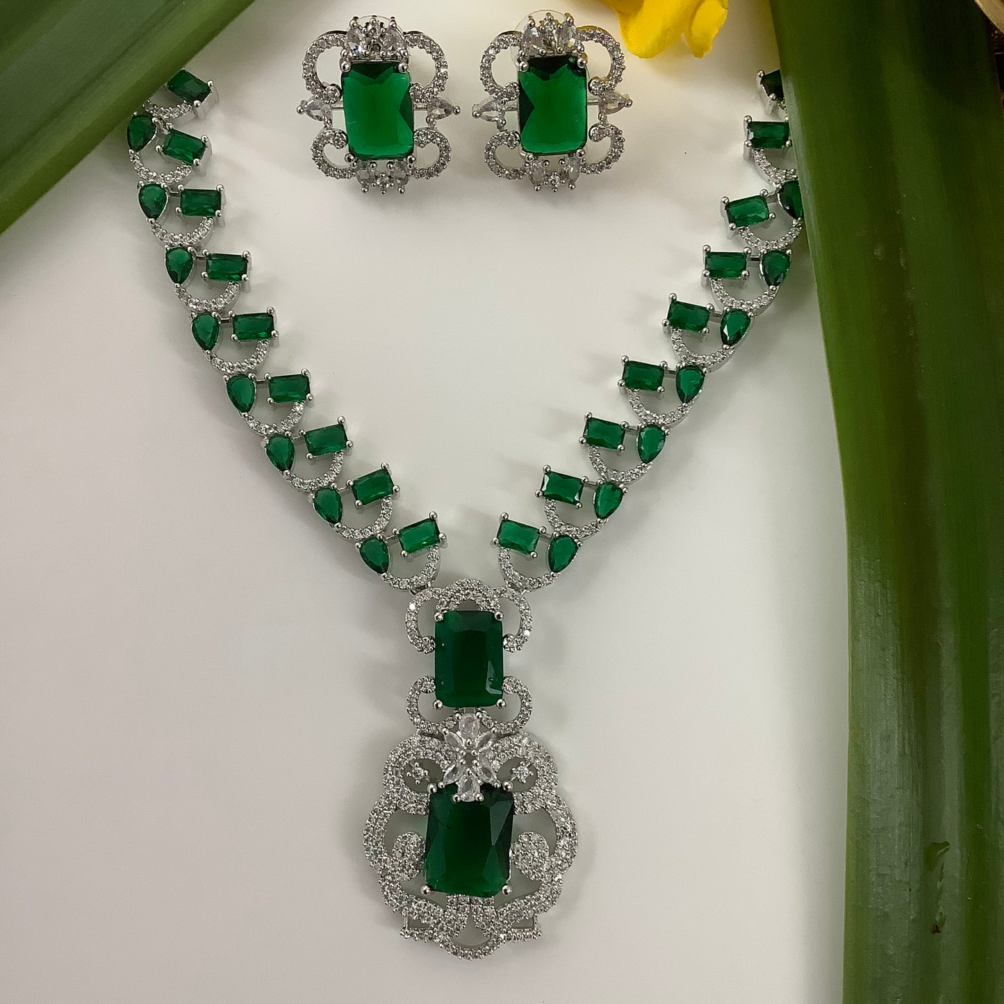 Salvanity American Diamond Nizam's collection Emerald Green Royal Necklace