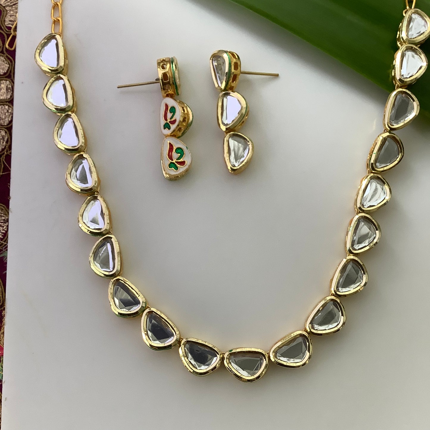 Salvanity Rajsi Kundan Drops Necklace & Earrings with Meenakari work