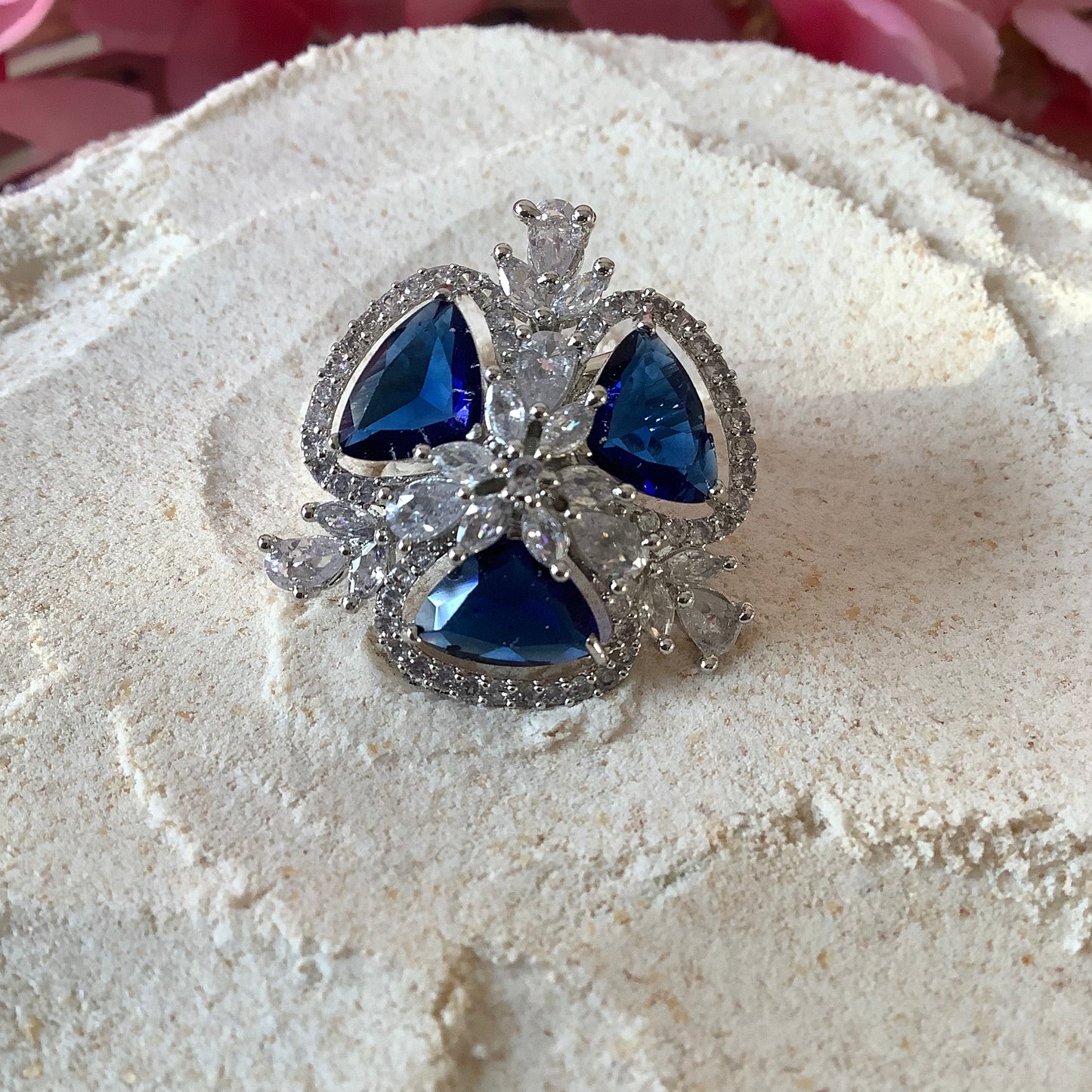 Salvanity American Diamond Blue Sapphire Trillia Finger Ring