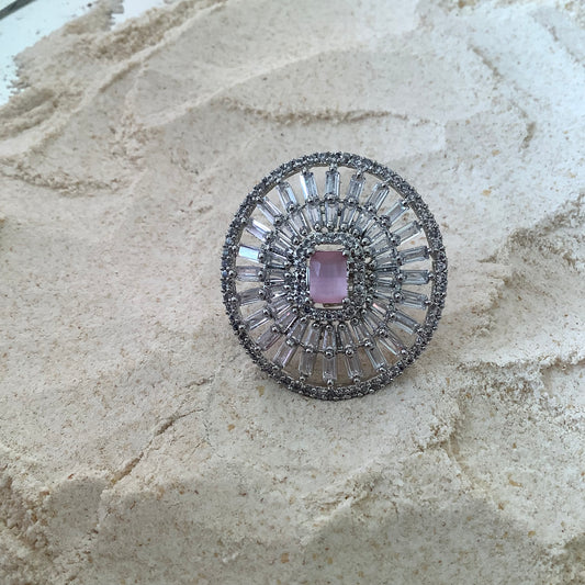 Salvanity Fashion Jewelry - Monalisa Pink Royal Finger Ring - American Diamonds, adjustable