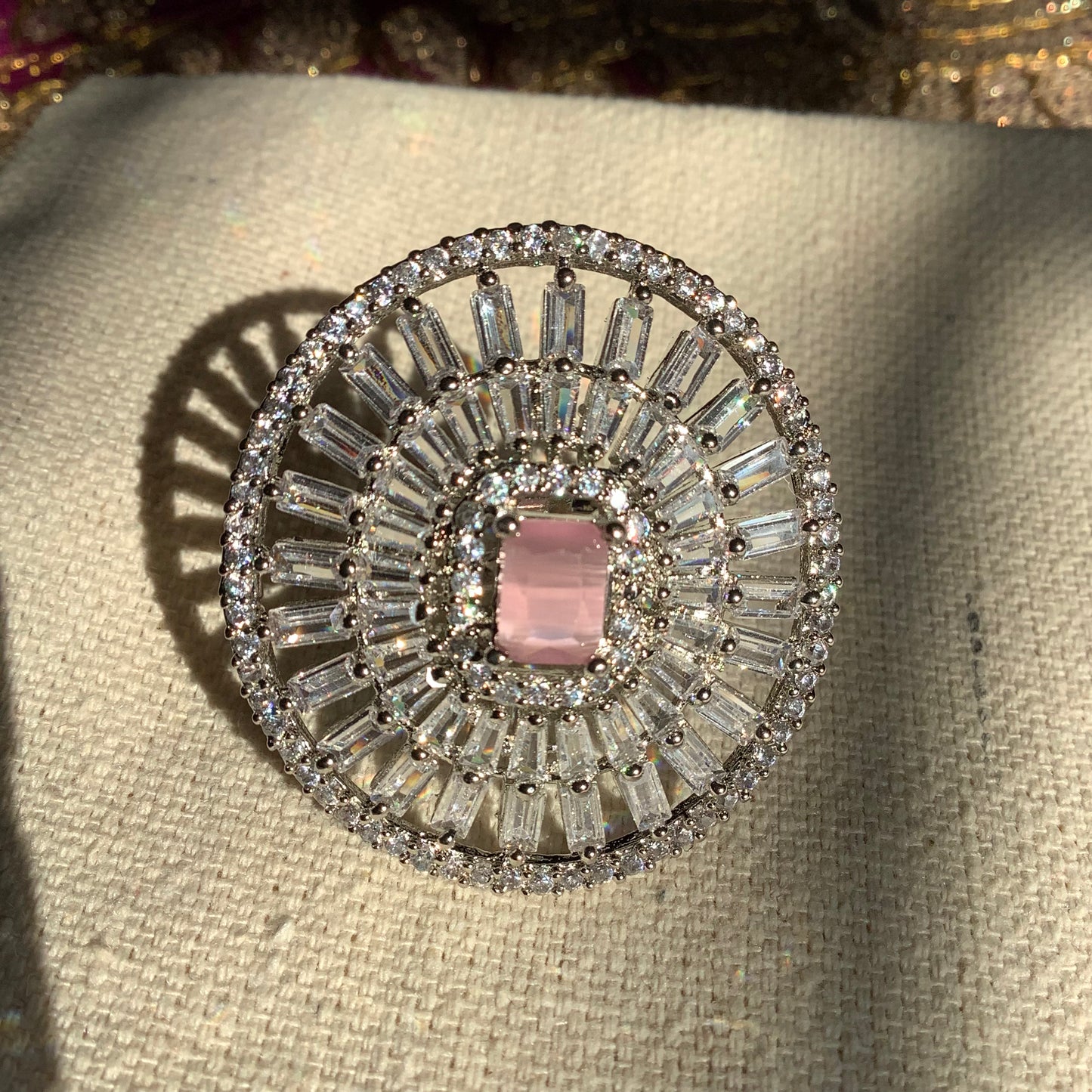 Salvanity Fashion Jewelry - Monalisa Pink Royal Finger Ring - American Diamonds, adjustable