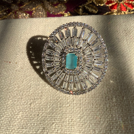 Salvanity Fashion Jewelry - Aqua Blue Royal Finger Ring - American Diamonds, adjustable