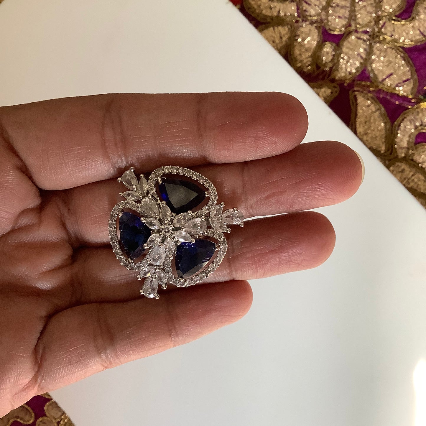 Salvanity American Diamond Blue Sapphire Trillia Finger Ring