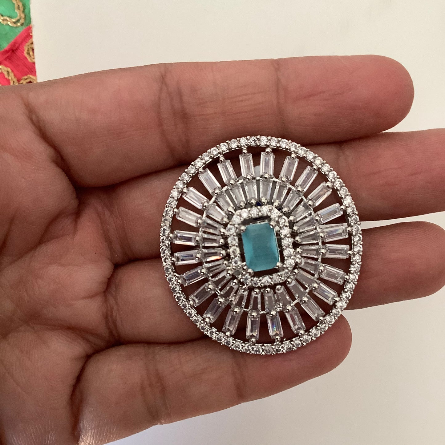 Salvanity Fashion Jewelry - Aqua Blue Royal Finger Ring - American Diamonds, adjustable