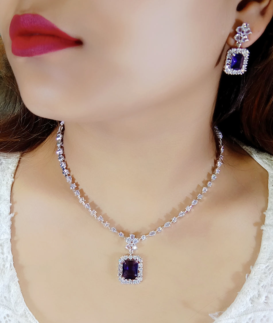 Salvanity American Diamond Enchanting Blue Sapphire Necklace