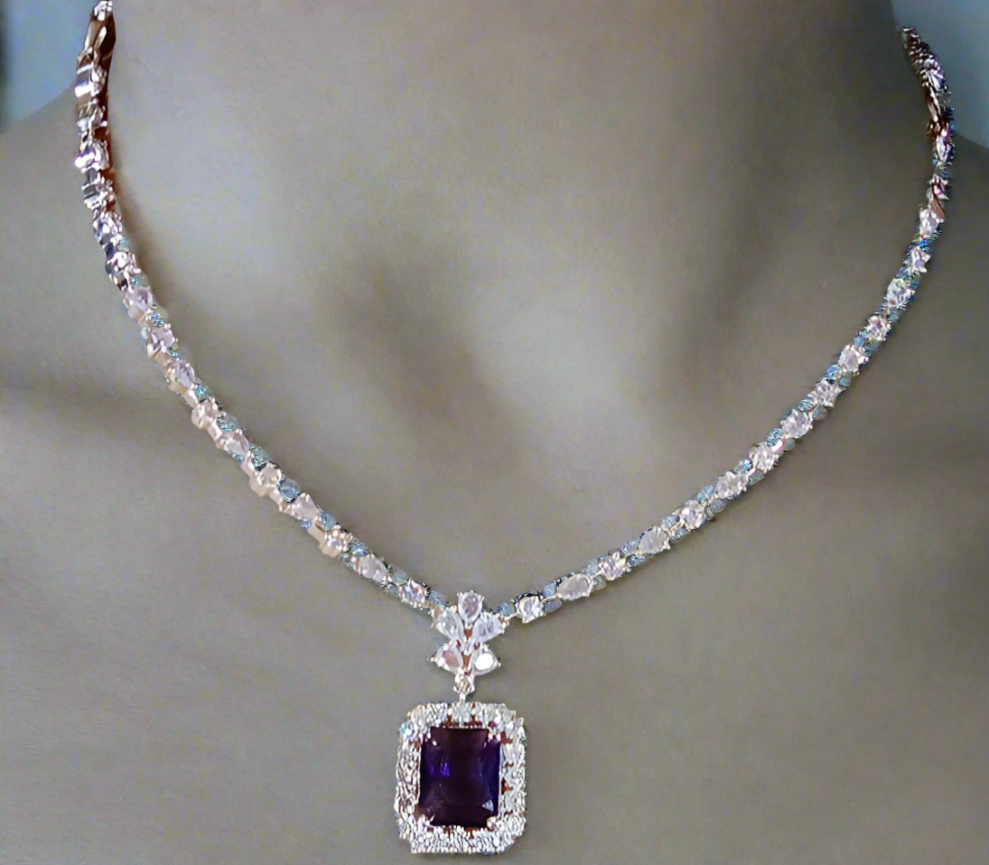 Salvanity American Diamond Enchanting Blue Sapphire Necklace