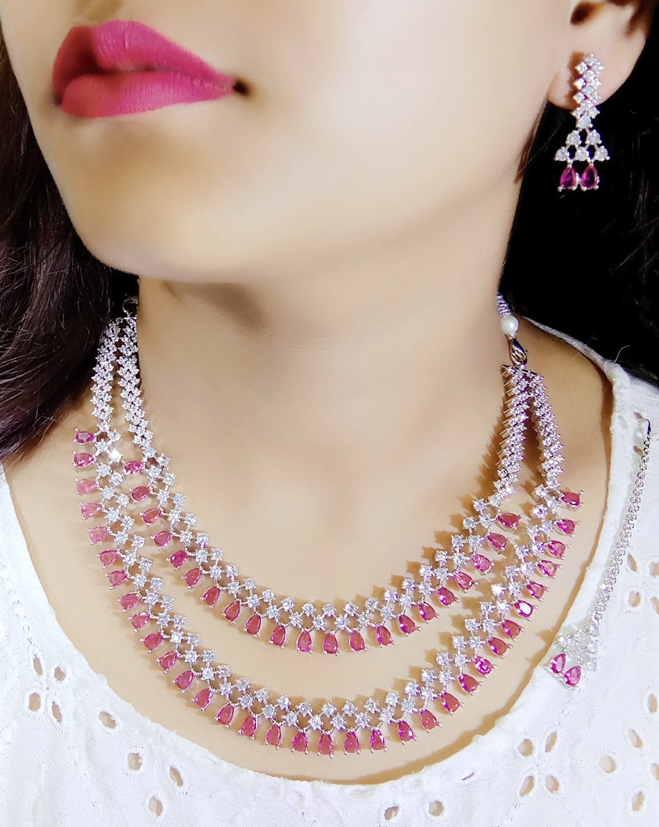 Salvanity American Diamond Ruby Red Dewlight Double Vine Necklace