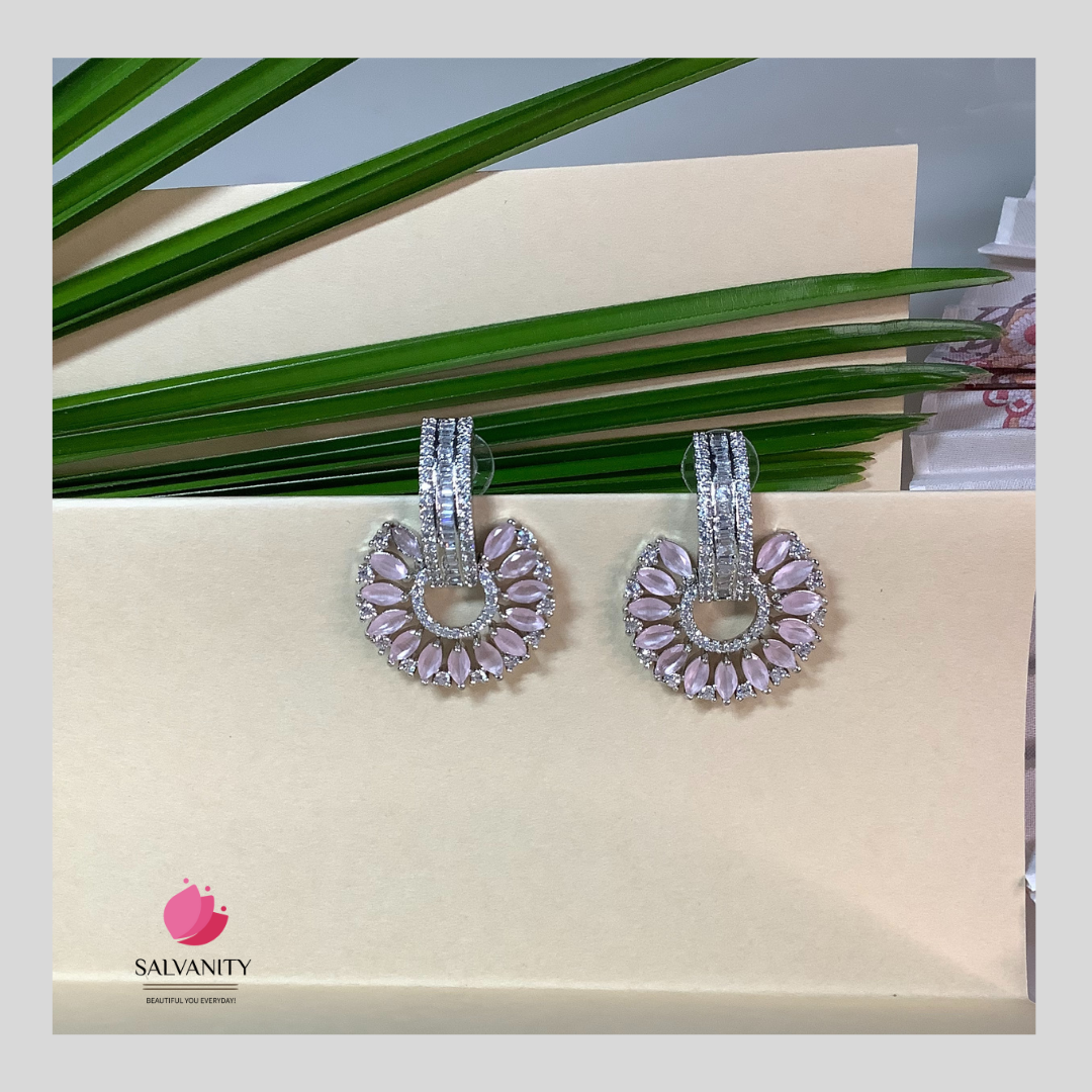 Salvanity American Diamond Earrings - SuryaMukham (Sun Face) - PINK