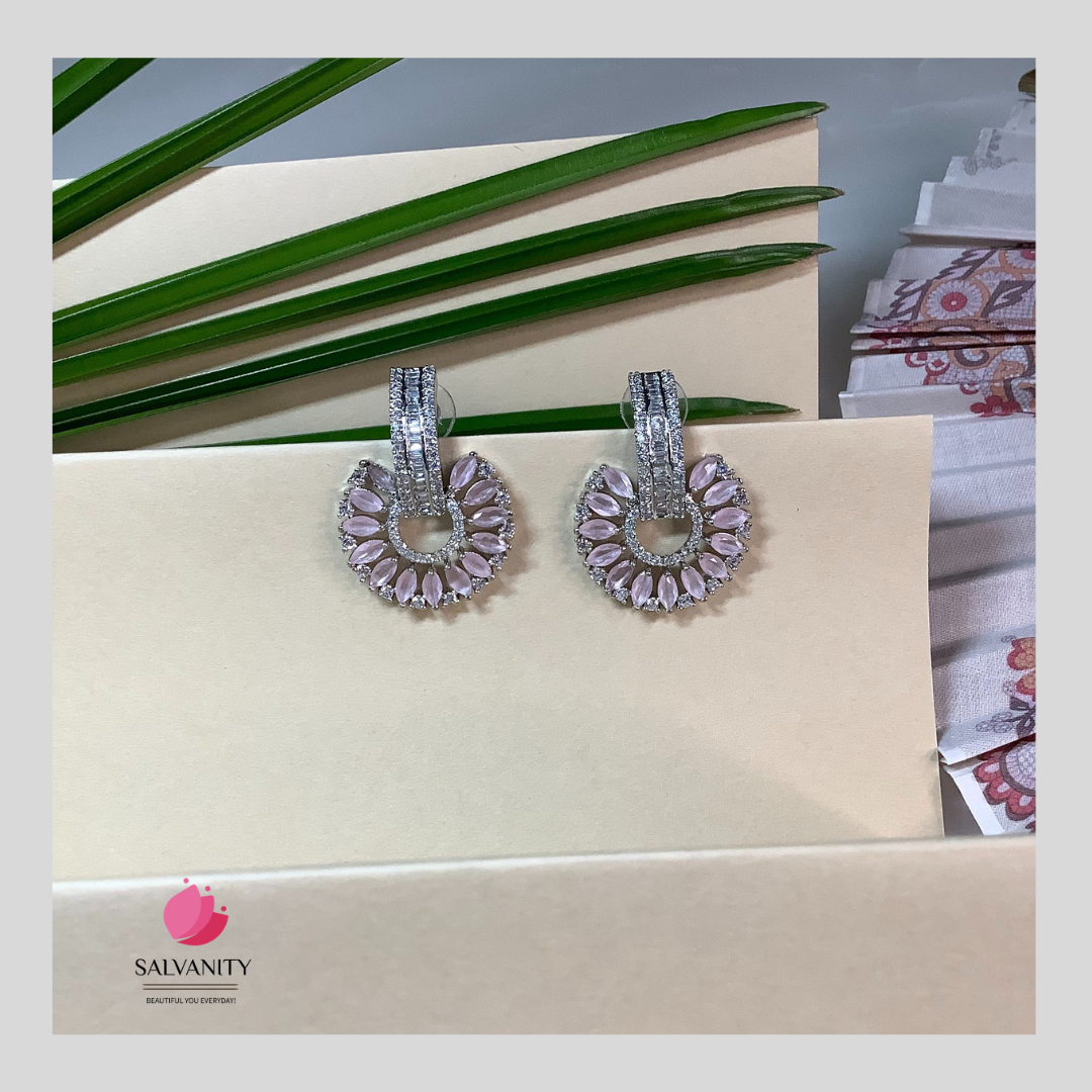 Salvanity American Diamond Earrings - SuryaMukham (Sun Face) - PINK