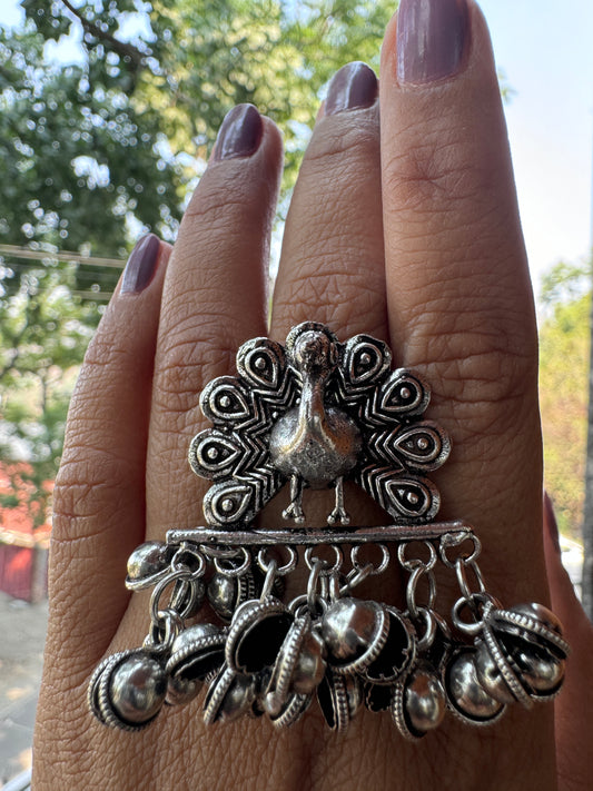 Salvanity German Silver Mayur Peacock Finger Ring with little bells