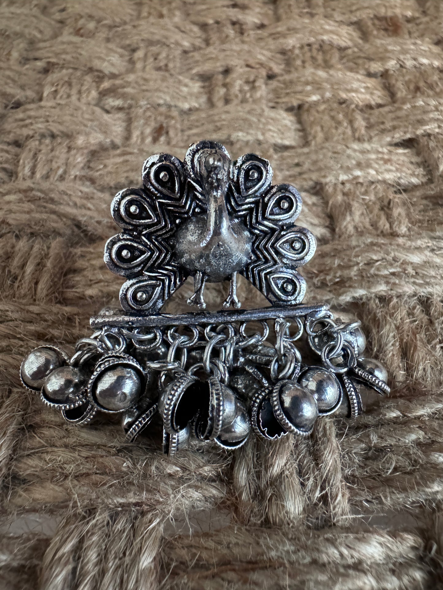 Salvanity German Silver Mayur Peacock Finger Ring with little bells