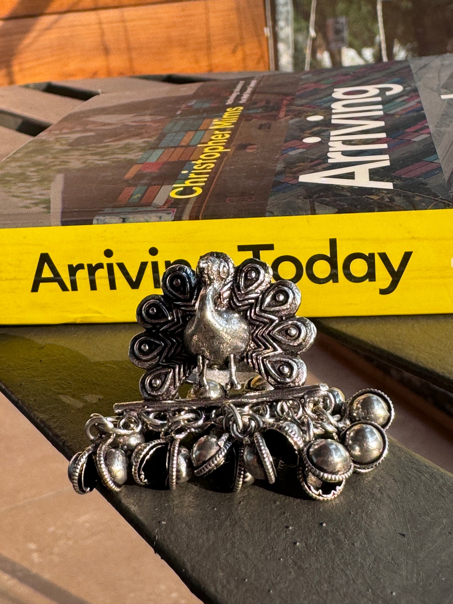 Salvanity German Silver Mayur Peacock Finger Ring with little bells