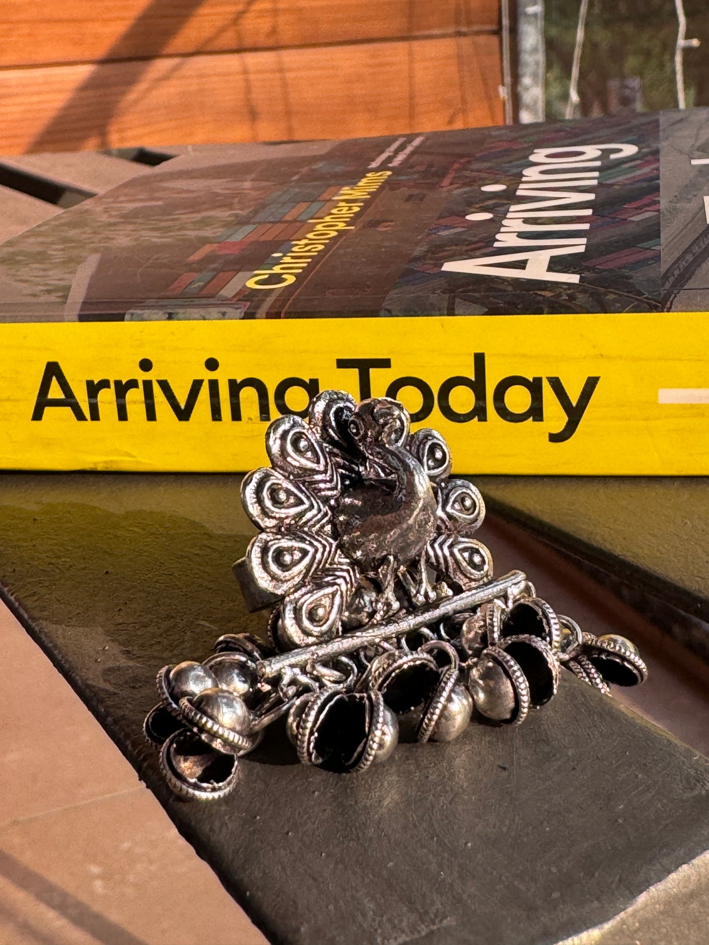 Salvanity German Silver Mayur Peacock Finger Ring with little bells