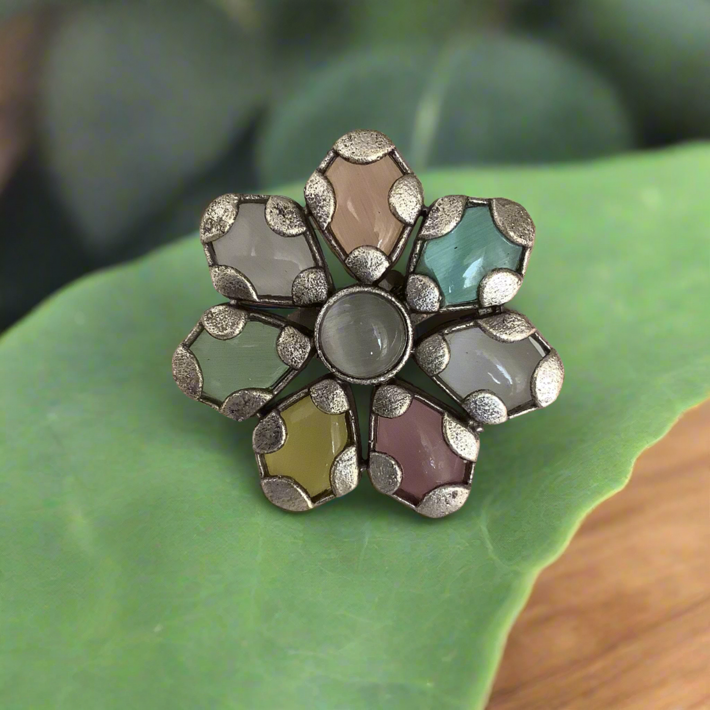 Salvanity German Silver Rainbow Flower Adjustable Finger Ring