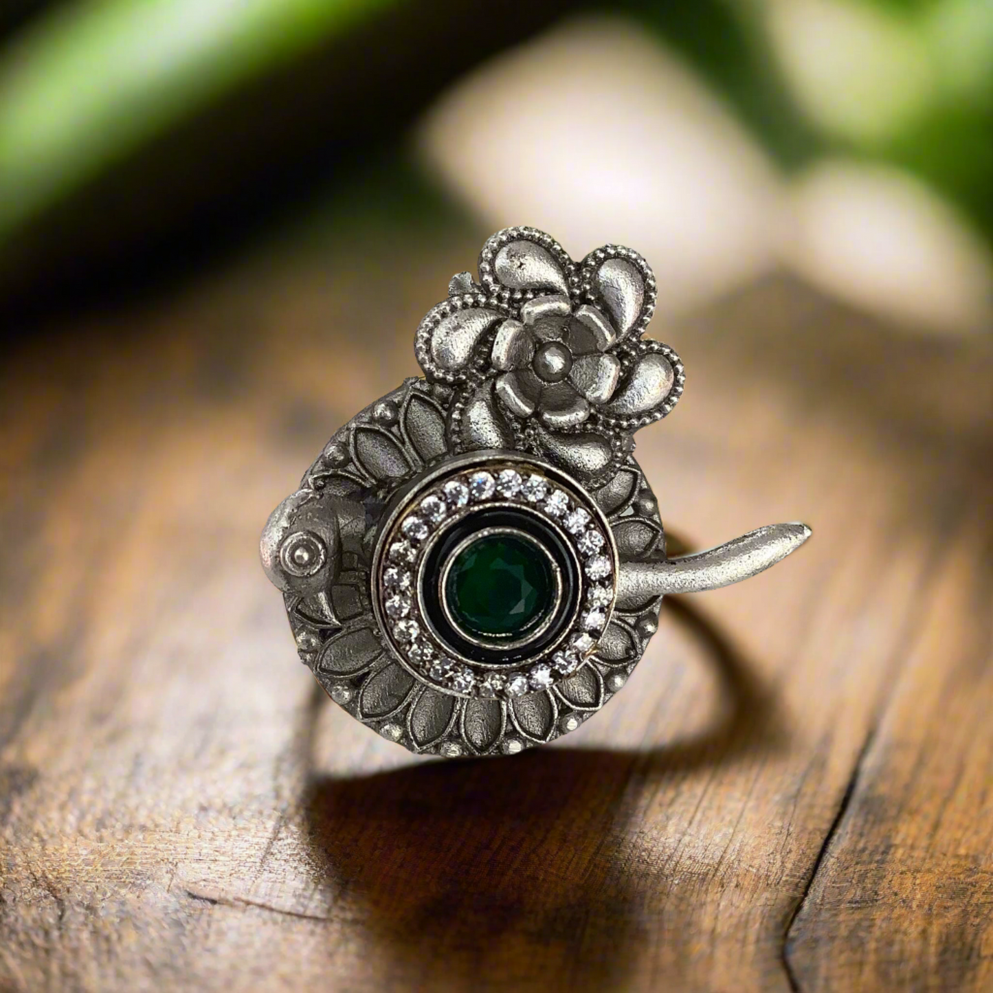 Salvanity German Silver Green Emerald Bird Finger Ring