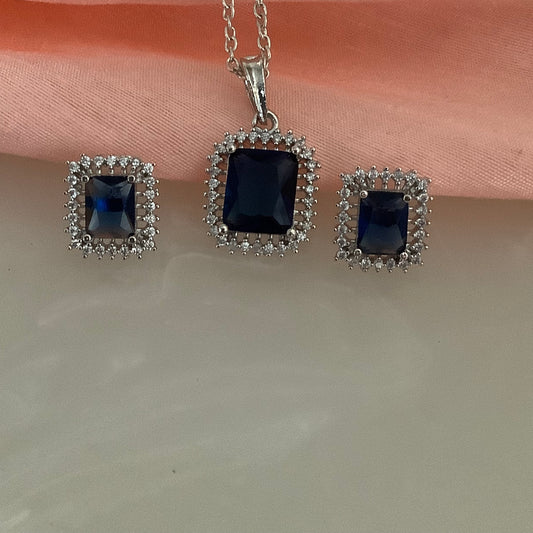 Salvanity American Diamond Rectangle Sapphire Pendant Set