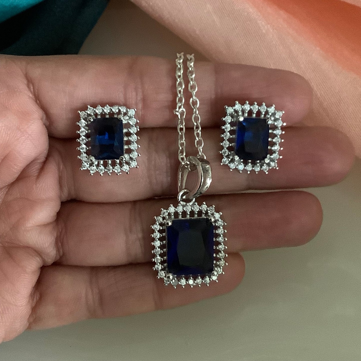 Salvanity American Diamond Rectangle Sapphire Pendant Set