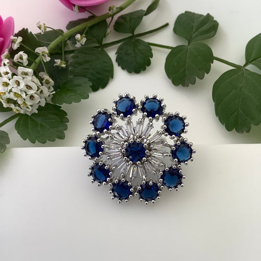 Salvanity Blue Sapphire Cocktail Finger Ring - American Diamond Fashion Jewellery