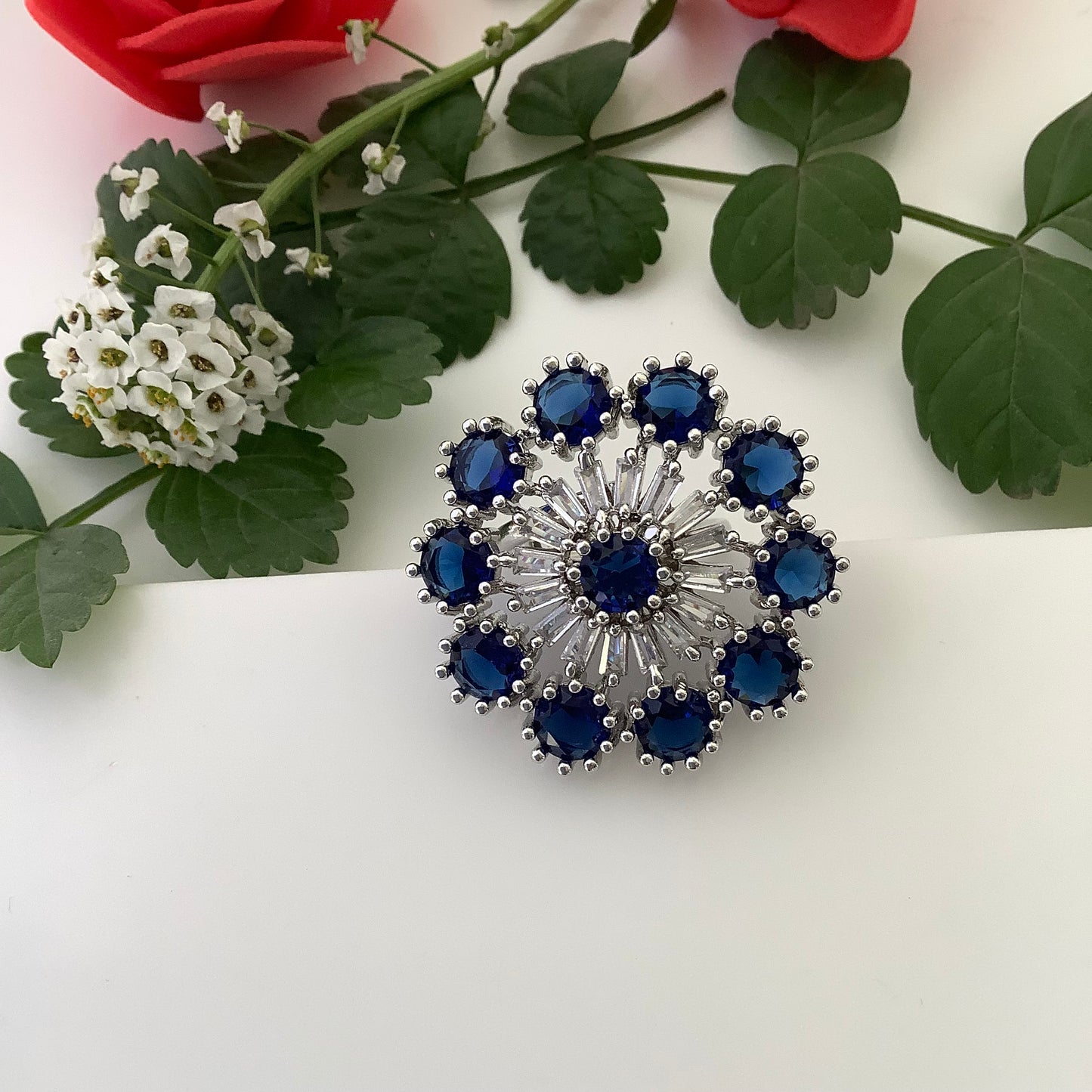 Salvanity Blue Sapphire Cocktail Finger Ring - American Diamond Fashion Jewellery