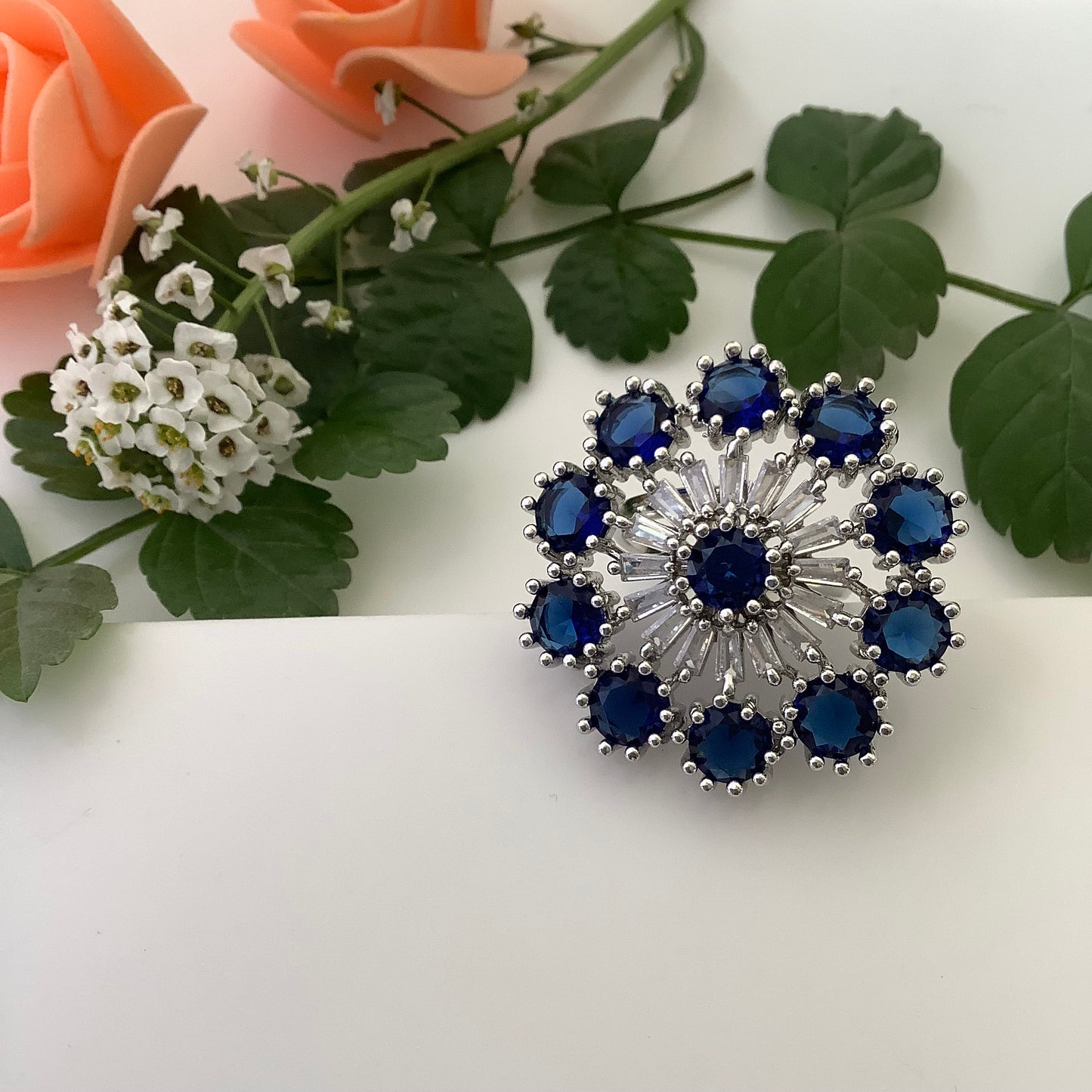 Salvanity Blue Sapphire Cocktail Finger Ring - American Diamond Fashion Jewellery