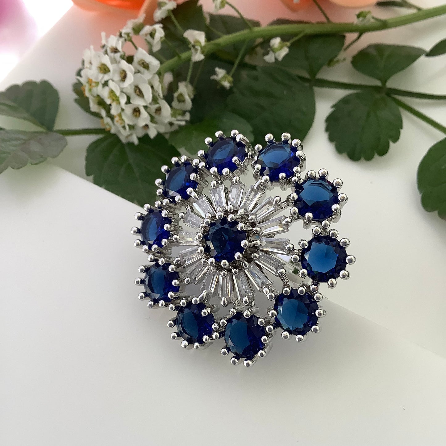 Salvanity Blue Sapphire Cocktail Finger Ring - American Diamond Fashion Jewellery