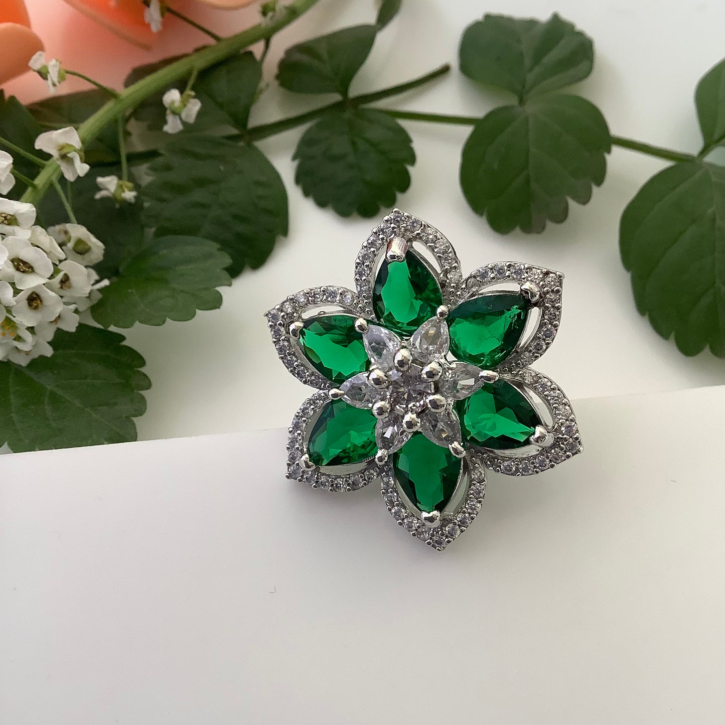 Salvanity - American Diamond Green Emerald Flower Finger Ring - Adjustable