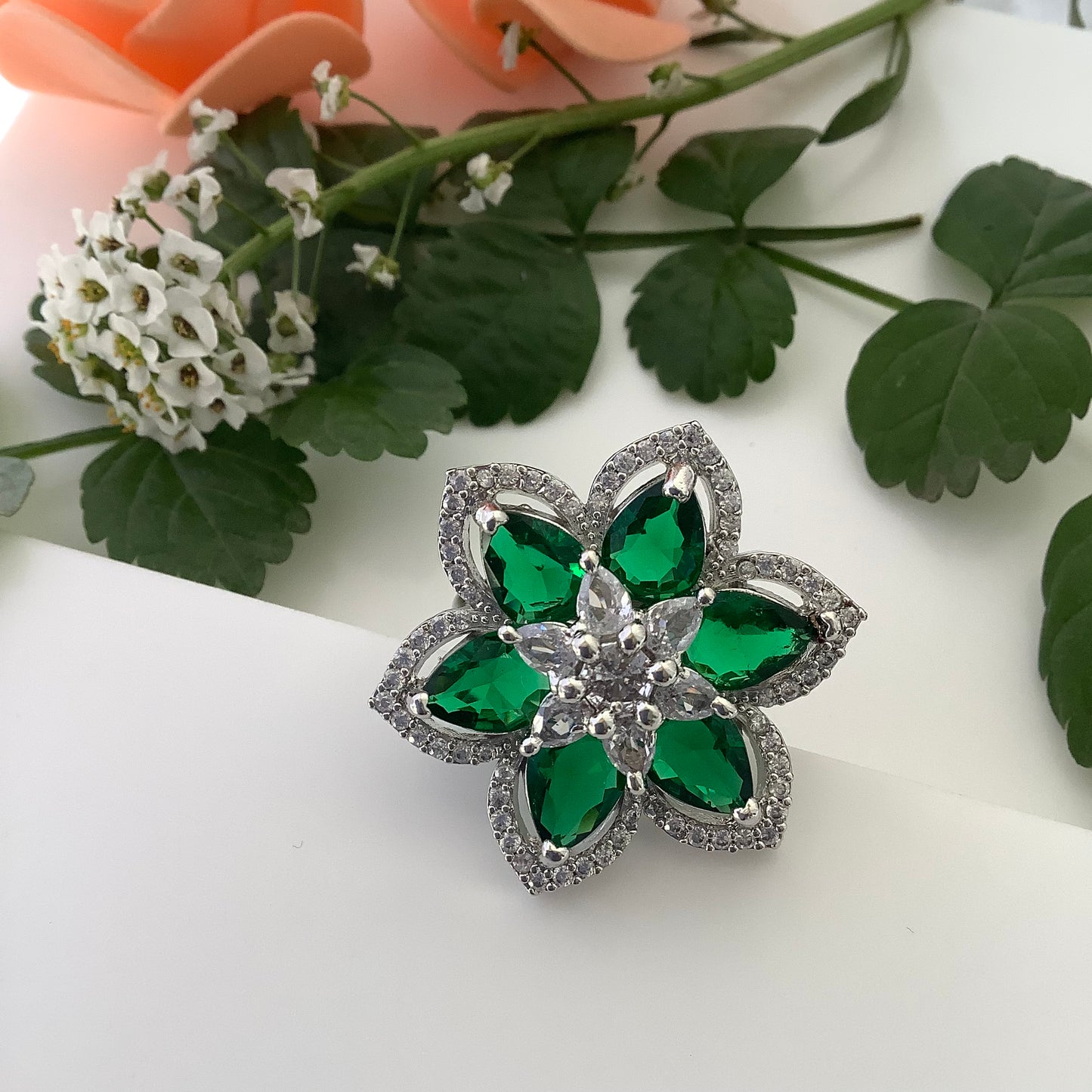 Salvanity - American Diamond Green Emerald Flower Finger Ring - Adjustable