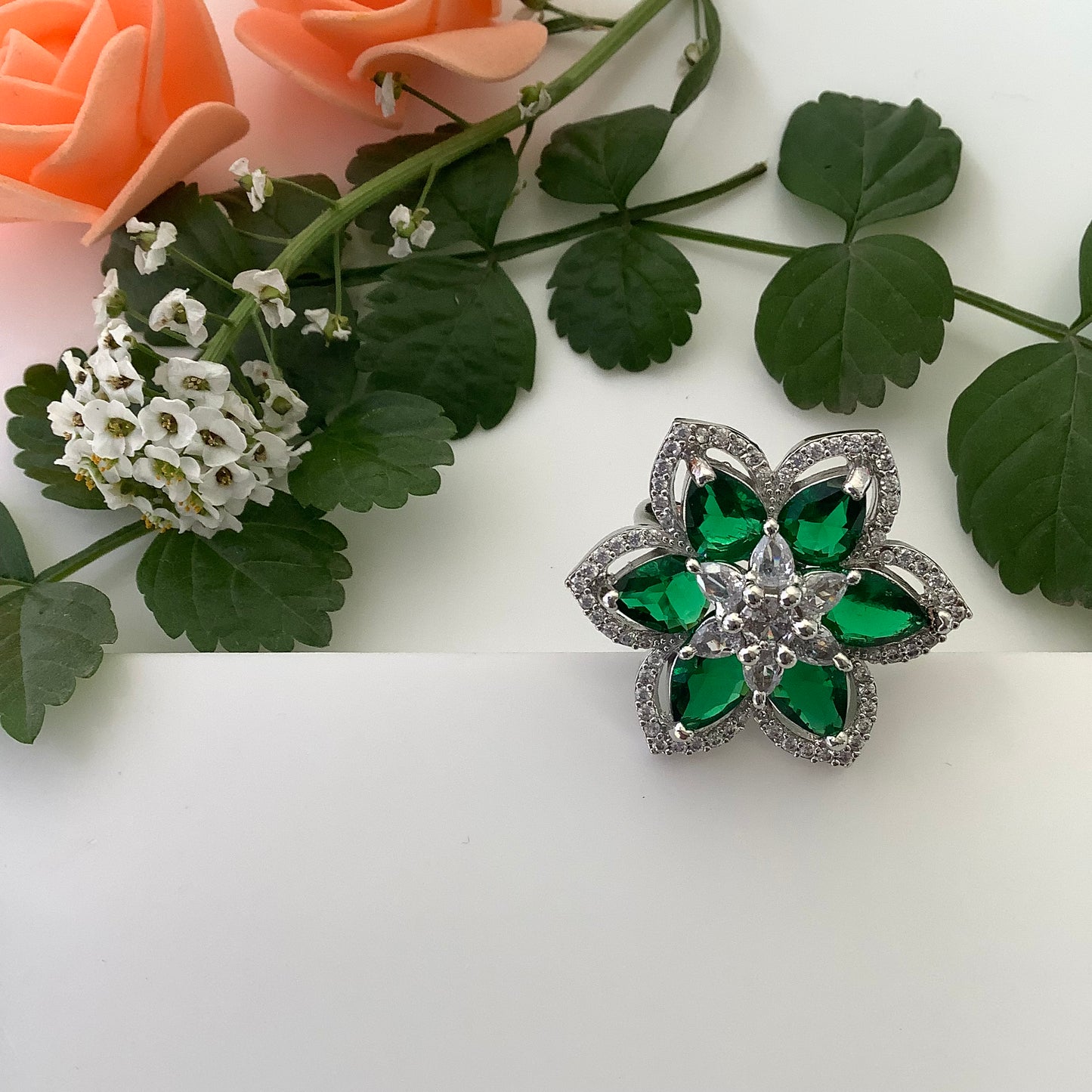 Salvanity - American Diamond Green Emerald Flower Finger Ring - Adjustable