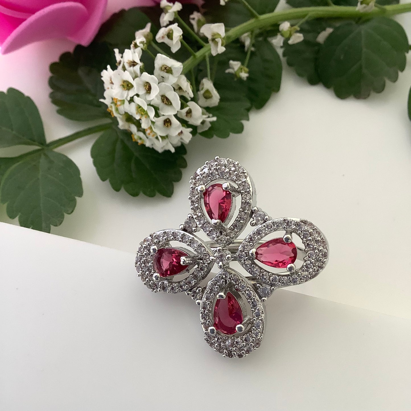 Salvanity - American Diamond Evershine Ruby Red Cocktail Finger Ring - Adjustable