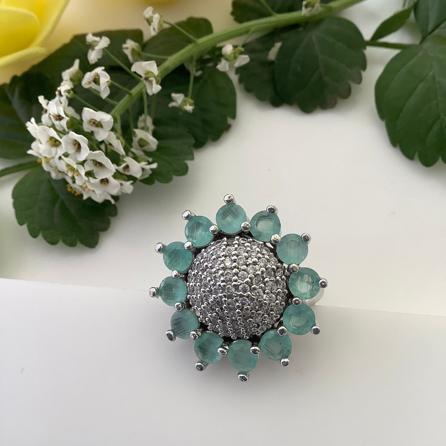 Salvanity Fashion Jewelry - Moissanites Skygreen Sunflower Finger Ring - American Diamonds, adjustable
