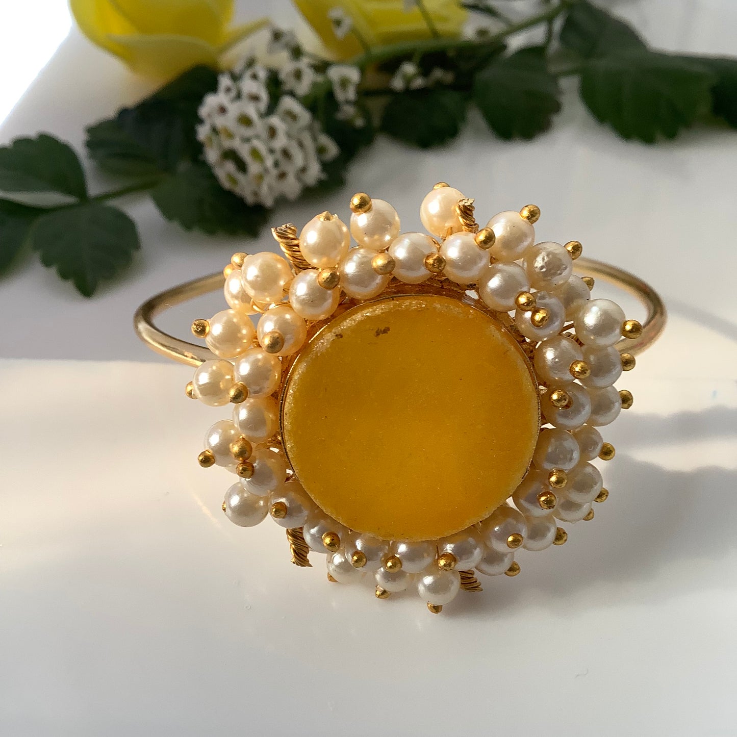 Salvanity Golden Brass Rough Stone Pearl Bracelet