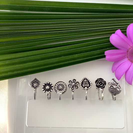 Salvanity German Silver Non Piercing Nose Pin set of 7