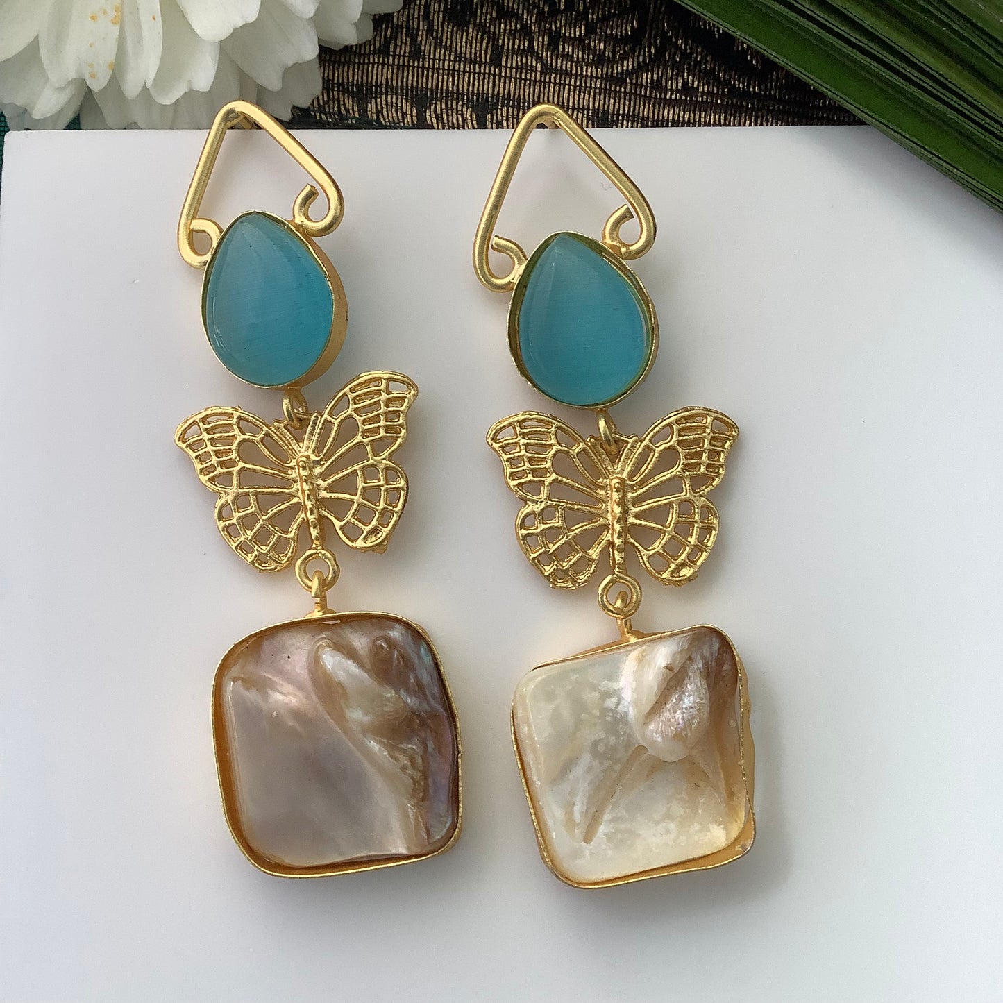 Salvanity Fashion Jewellery Brass Gold Aqua Butterfly Dangler Earrings