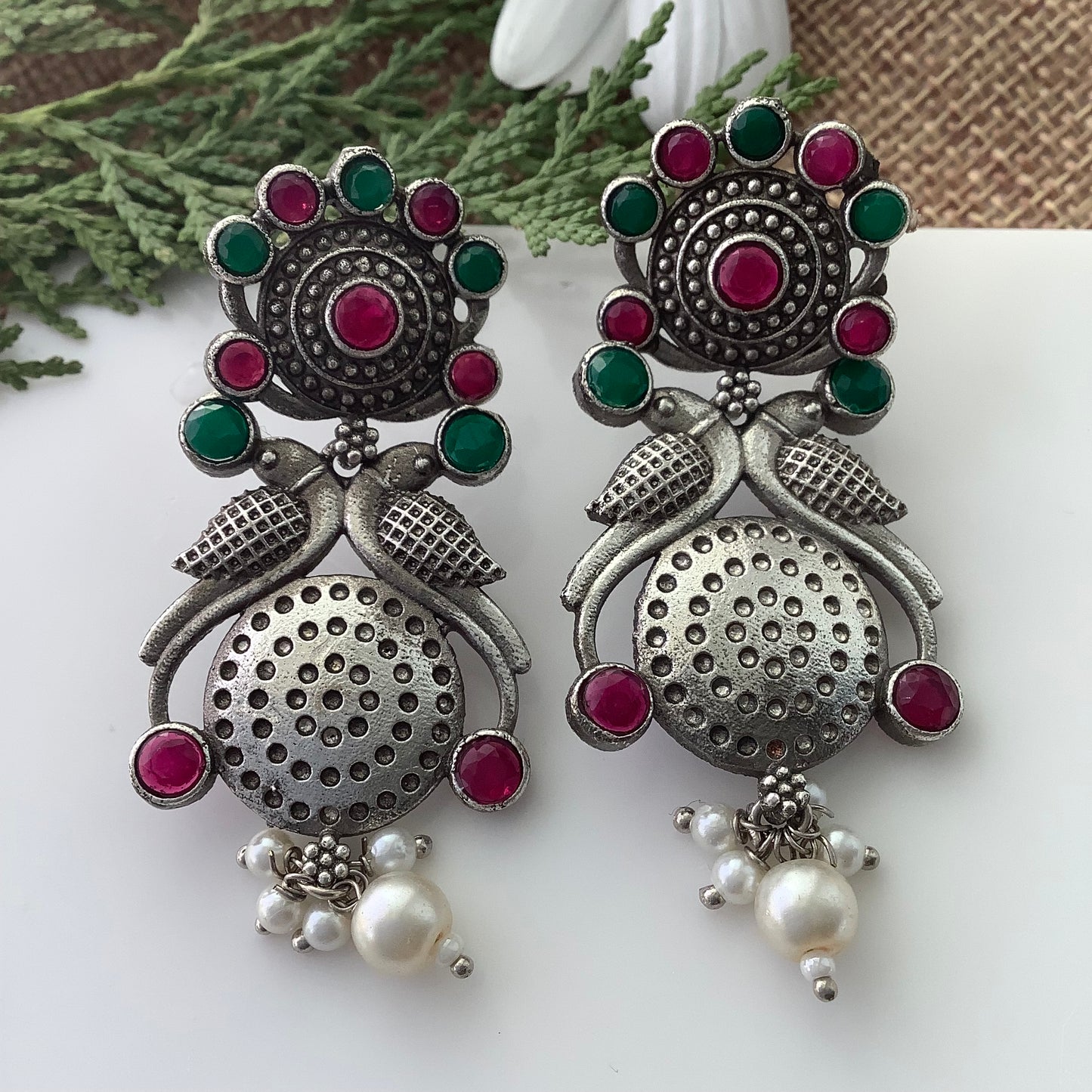 Salvanity Fashion Jewellery German Silver Do Pakshi Earrings